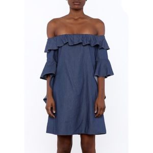 Alpha & Omega Denim Darling Off Shoulder Shift Dress Size Small Blue